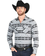 El General - Men's Black and White Western Shirt with Geometric Print 44393