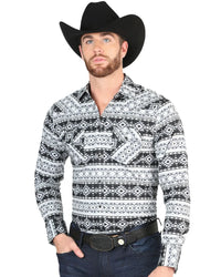 El General - Men's Black and White Western Shirt with Geometric Print 44393