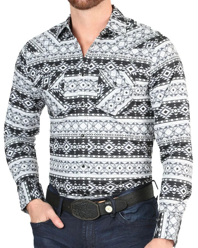 El General - Men's Black and White Western Shirt with Geometric Print 44393