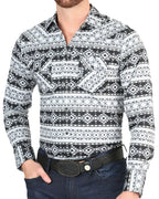 El General - Men's Black and White Western Shirt with Geometric Print 44393