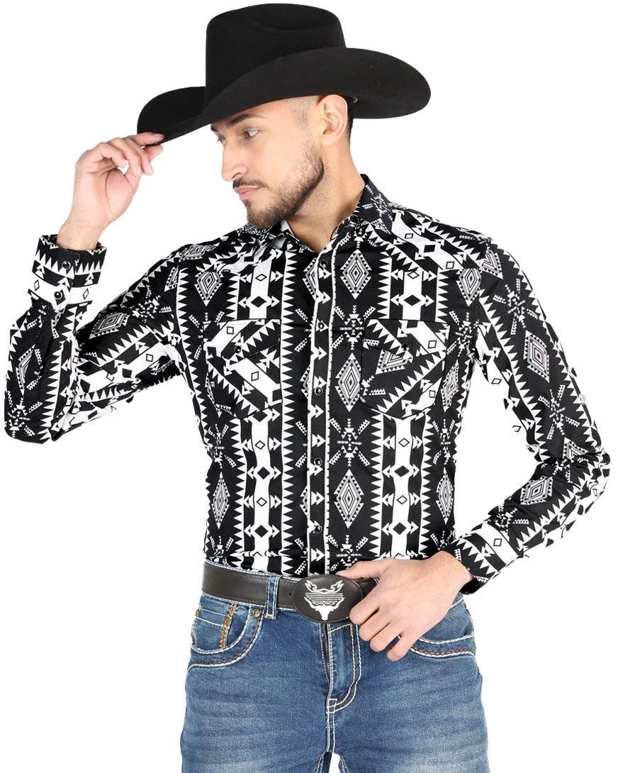 El General - Men's Black Western Shirt with Geometric Print  44501