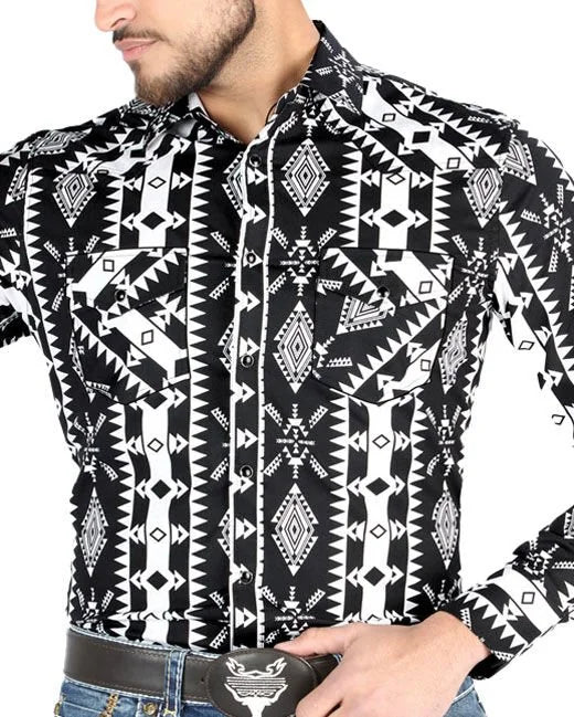 El General - Men's Black Western Shirt with Geometric Print  44501