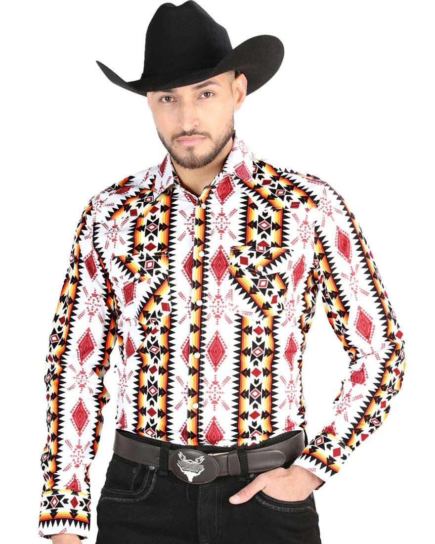 El General - Men's White Western Shirt with Red and Yellow Geometric Print 44502