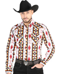 El General - Men's White Western Shirt with Red and Yellow Geometric Print 44502