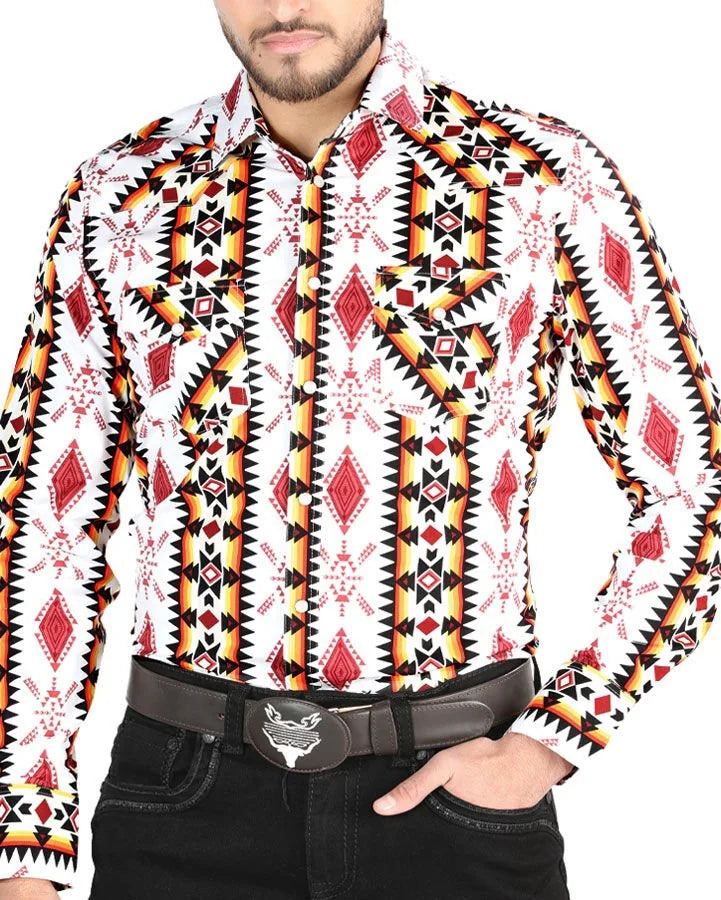 El General - Men's White Western Shirt with Red and Yellow Geometric Print 44502