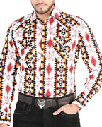 El General - Men's White Western Shirt with Red and Yellow Geometric Print 44502