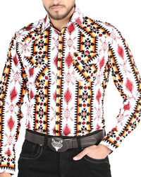 El General - Men's White Western Shirt with Red and Yellow Geometric Print 44502