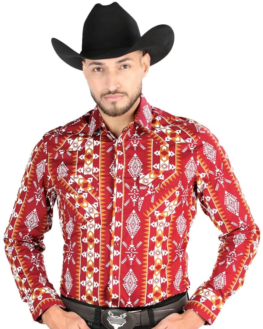 El General - Men's Burgundy Geometric Western Shirt 44503