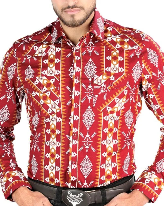El General - Men's Burgundy Geometric Western Shirt 44503