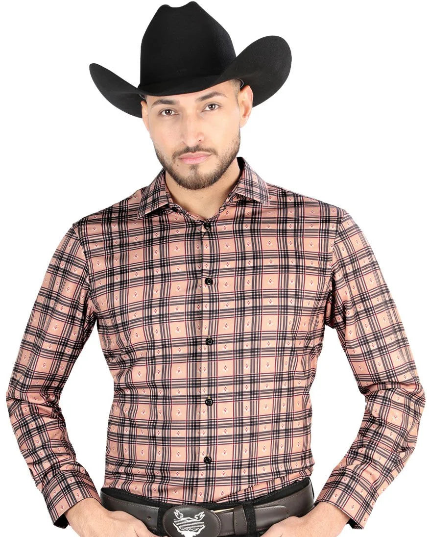 El General - Men’s Western Shirt in Beige-Black Plaid  44697