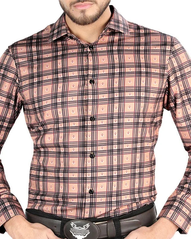 El General - Men’s Western Shirt in Beige-Black Plaid  44697