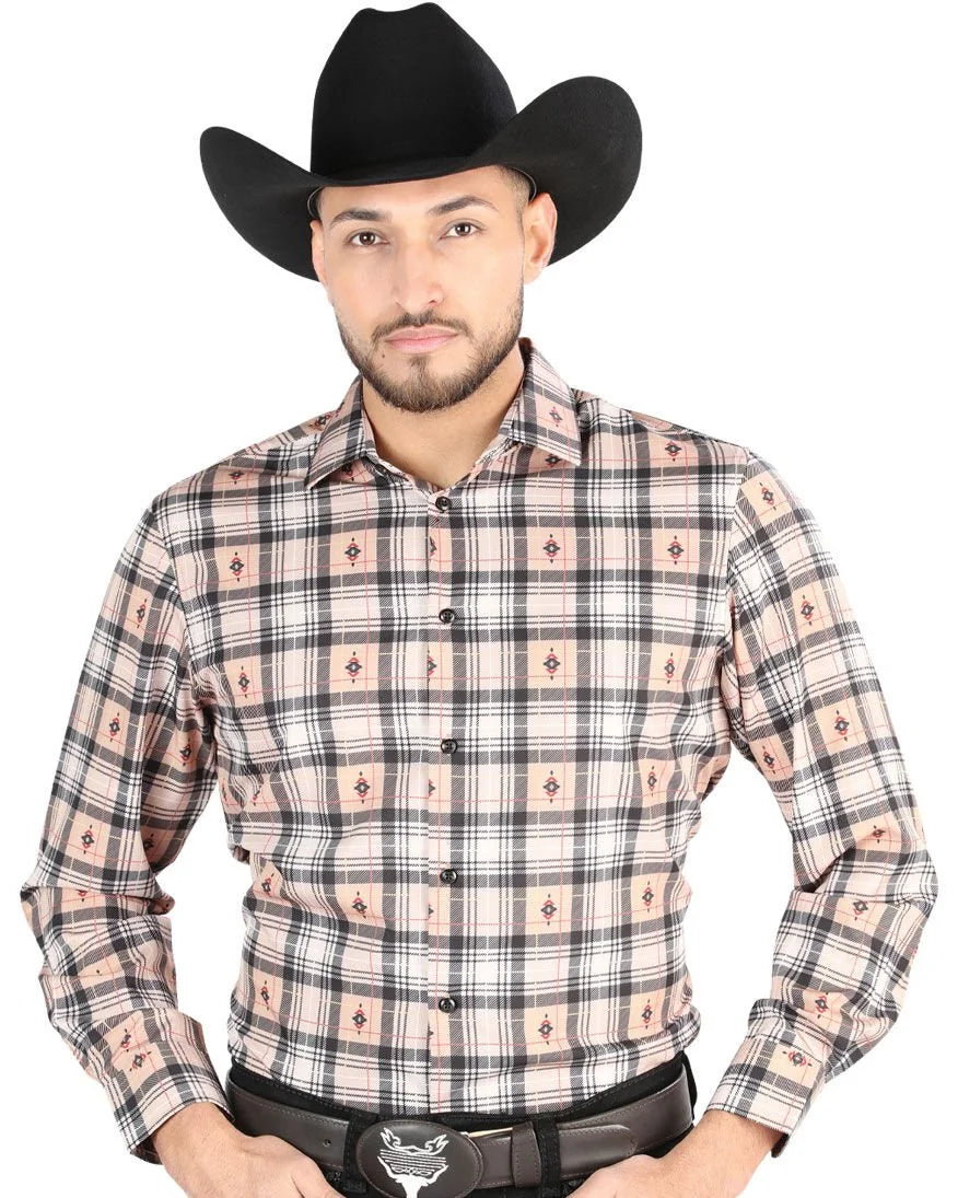El General - Men’s Western Shirt in Beige-Black Plaid, Long or Short Sleeve 44698