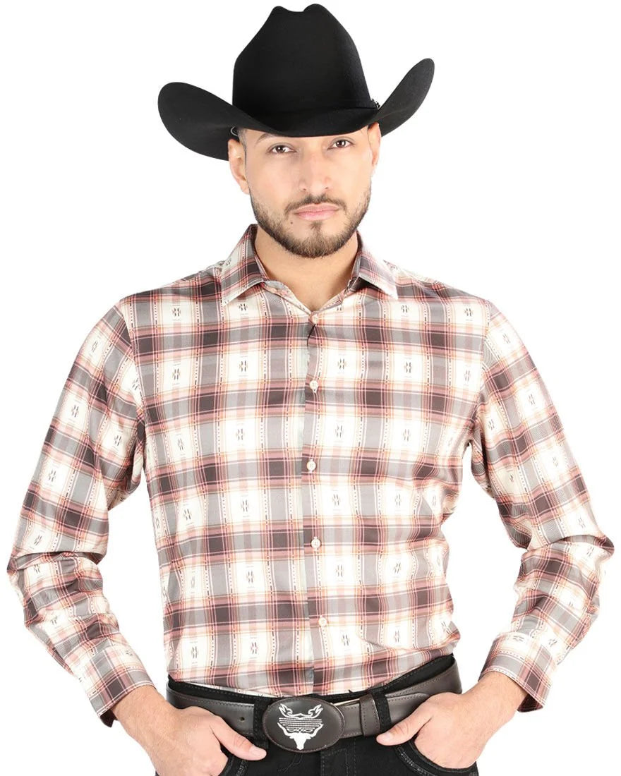 El General - Men’s Western Shirt in Orange-Beige Plaid 44699