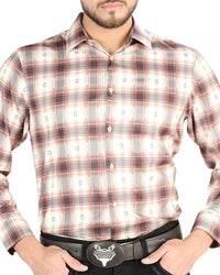 El General - Men’s Western Shirt in Orange-Beige Plaid 44699