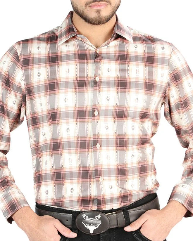 El General - Men’s Western Shirt in Orange-Beige Plaid 44699