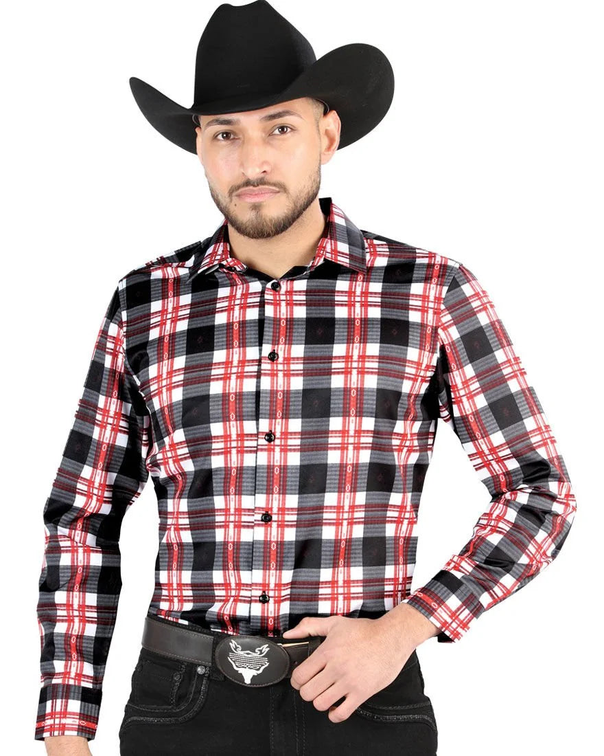 El General - Men’s Western Shirt in White-Red Plaid, Long or Short Sleeve 44707
