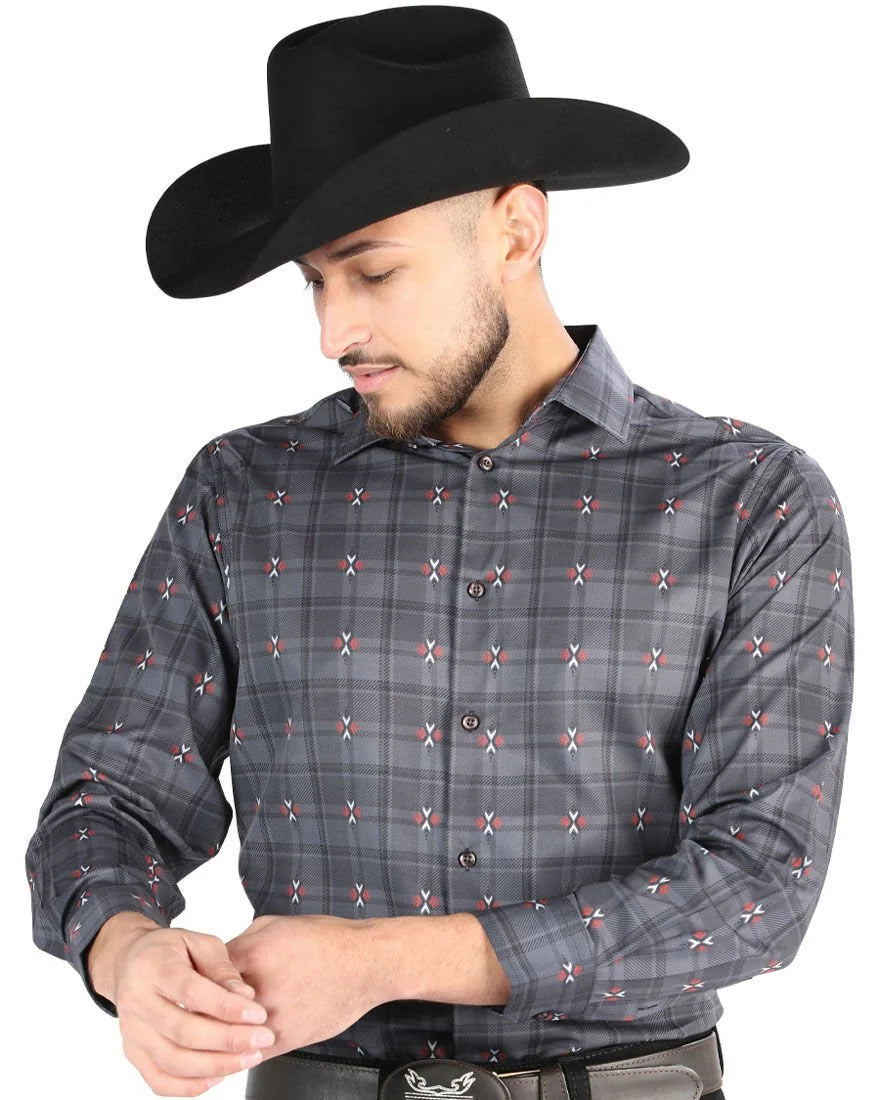El General - Men’s Western Shirt in Gray-Brown Plaid 44708