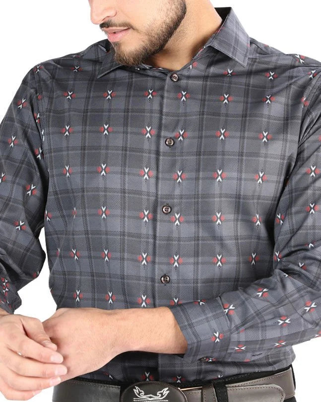 El General - Men’s Western Shirt in Gray-Brown Plaid 44708