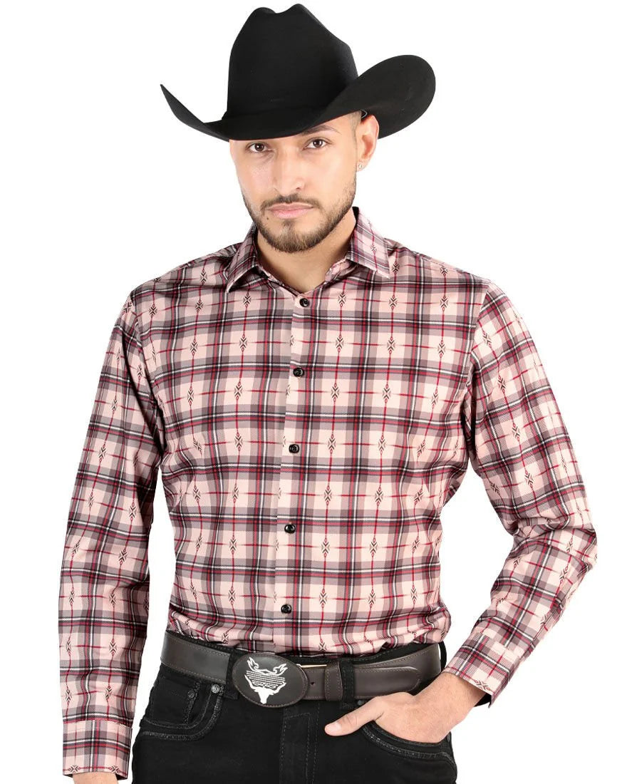 El General - Men’s Western Shirt in Beige-Red Plaid 44711