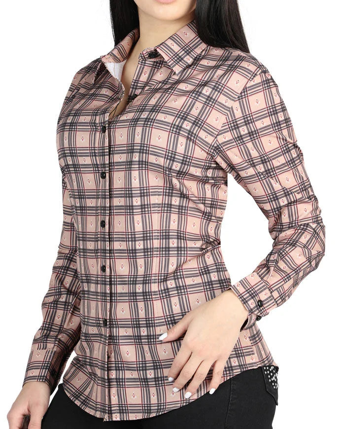 El General Women’s Western Shirt in Beige-Black Plaid 44714