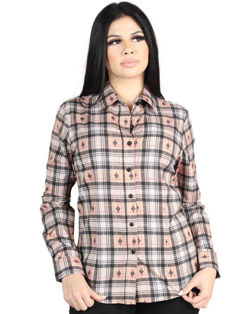 El General Women’s Western Shirt in Beige-Black Plaid  44715