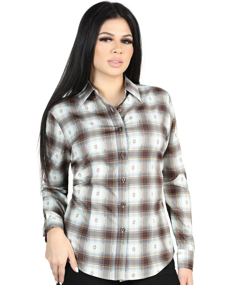 El General Women’s  Western Shirt in Brown Plaid, Long or Short Sleeve  44717