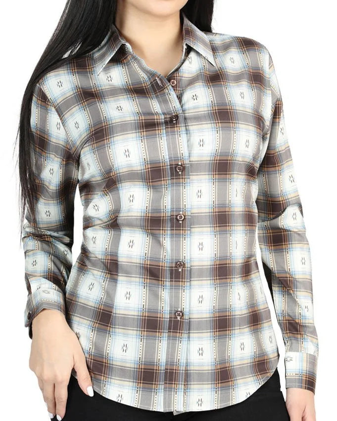 El General Women’s  Western Shirt in Brown Plaid, Long or Short Sleeve  44717