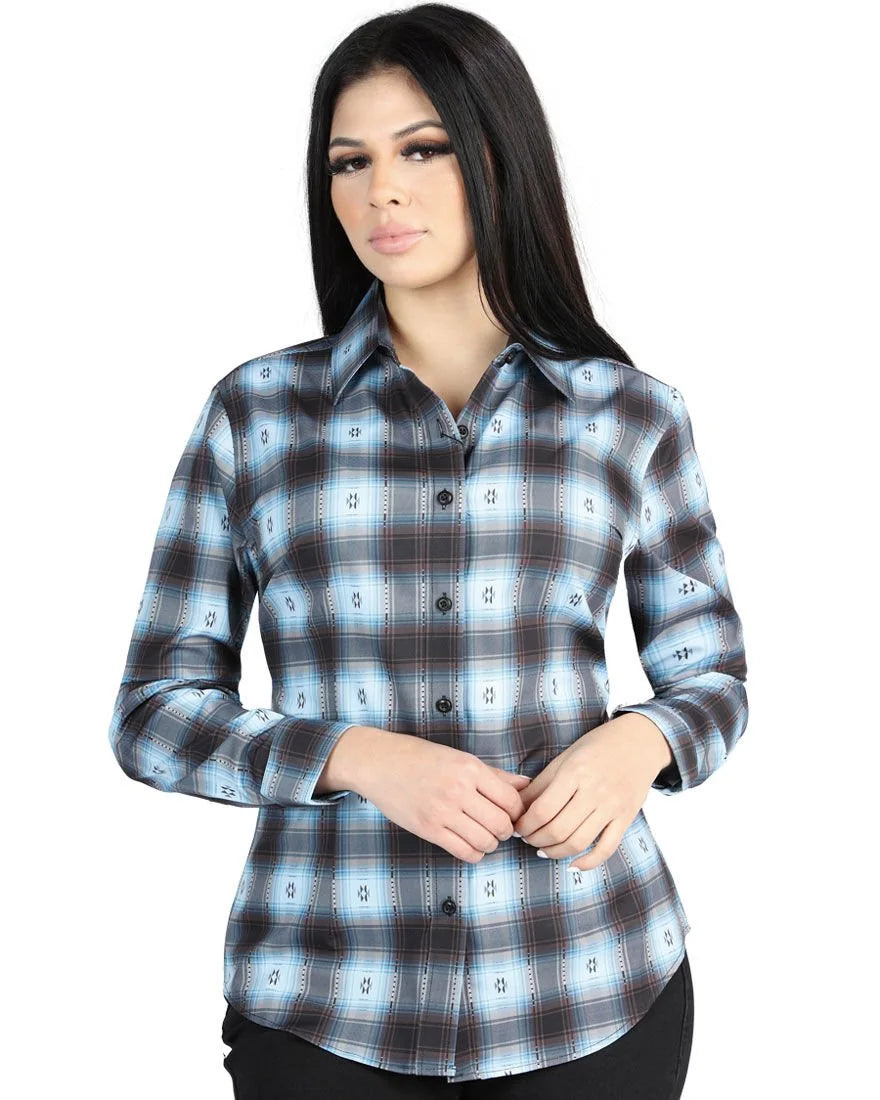 El General Women’s Cowgirl Shirt in Blue-Black Plaid, Long or Short Sleeve 44719
