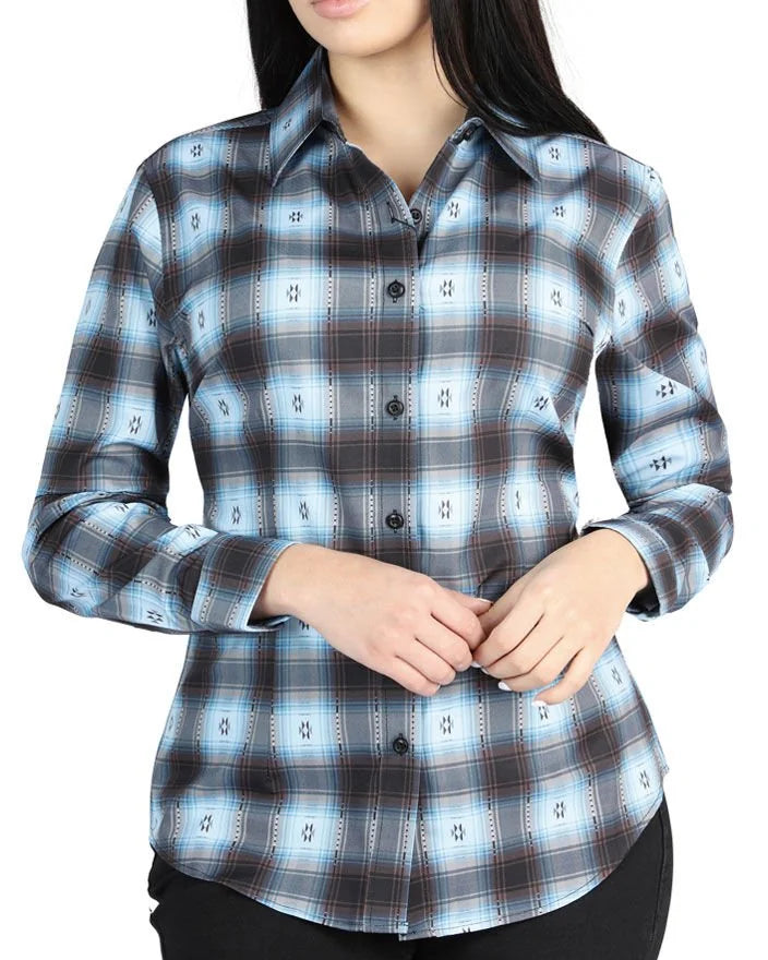 El General Women’s Cowgirl Shirt in Blue-Black Plaid, Long or Short Sleeve 44719