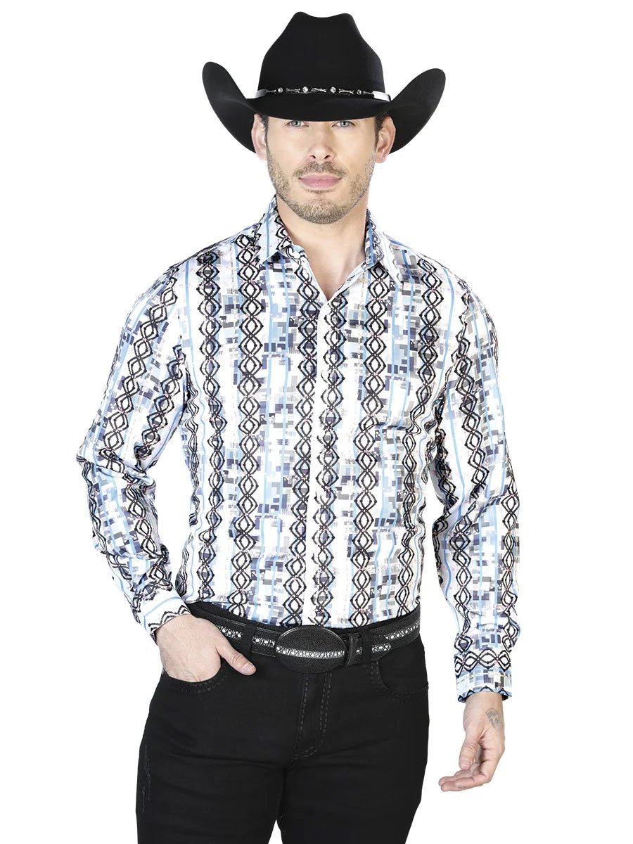 White Blue Casual Long Sleeve Shirt 43940 - OriginalWestern.com