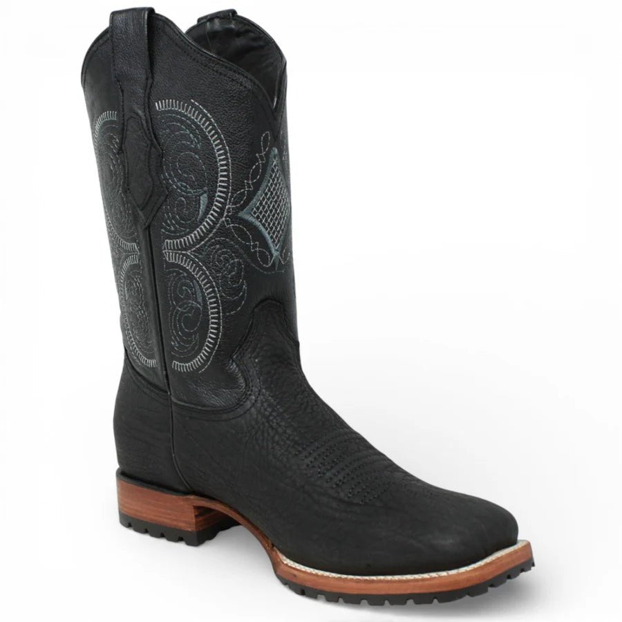 White Diamonds Men's Bull Shoulder Leather Square Toe Tractor Sole Cowboy Boots - Black - OriginalWestern.com