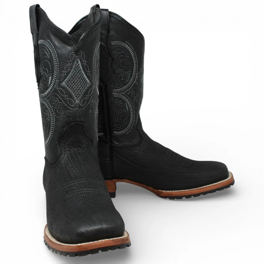 White Diamonds Men's Bull Shoulder Leather Square Toe Tractor Sole Cowboy Boots - Black - OriginalWestern.com