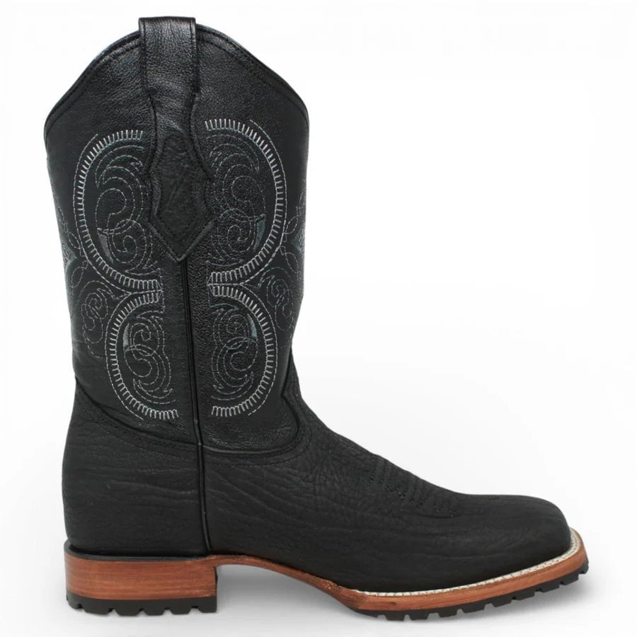 White Diamonds Men's Bull Shoulder Leather Square Toe Tractor Sole Cowboy Boots - Black - OriginalWestern.com