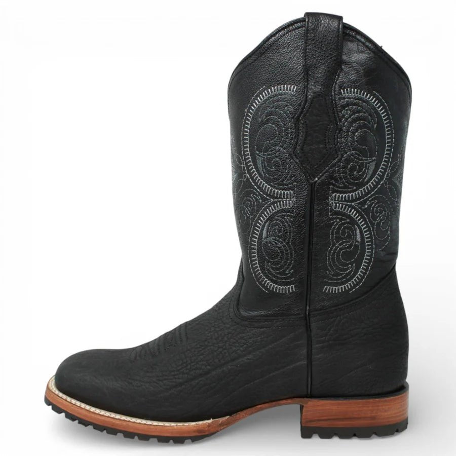 White Diamonds Men's Bull Shoulder Leather Square Toe Tractor Sole Cowboy Boots - Black - OriginalWestern.com