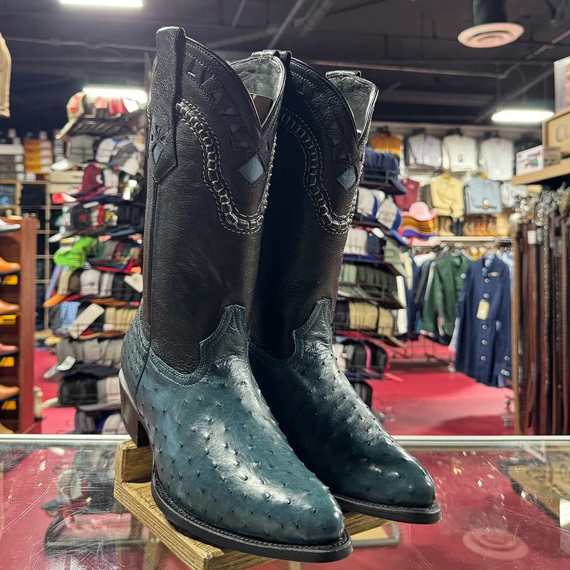 White Diamonds Men's Genuine Ostrich Skin J-Toe Cowboy Boots - Blue Jeans - OriginalWestern.com
