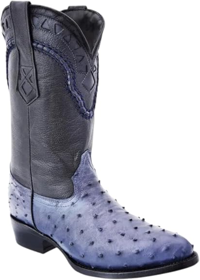 White Diamonds Men's Genuine Ostrich Skin J-Toe Cowboy Boots - Blue Jeans - OriginalWestern.com
