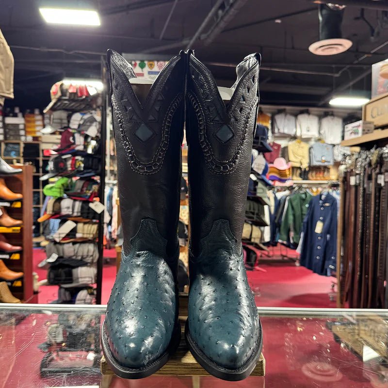 White Diamonds Men's Genuine Ostrich Skin J-Toe Cowboy Boots - Blue Jeans - OriginalWestern.com