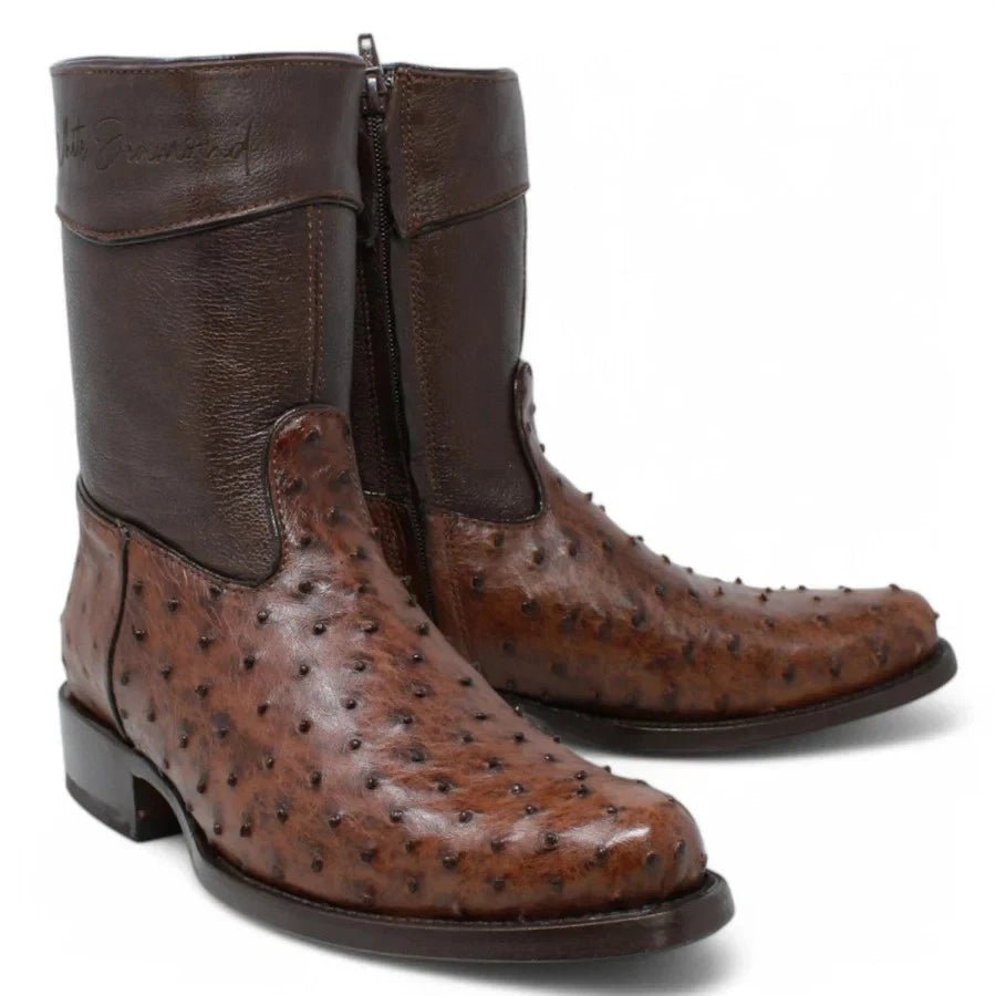 White Diamonds Men's Genuine Ostrich Skin Short Cowboy Boots with Zipper – Brown - OriginalWestern.com