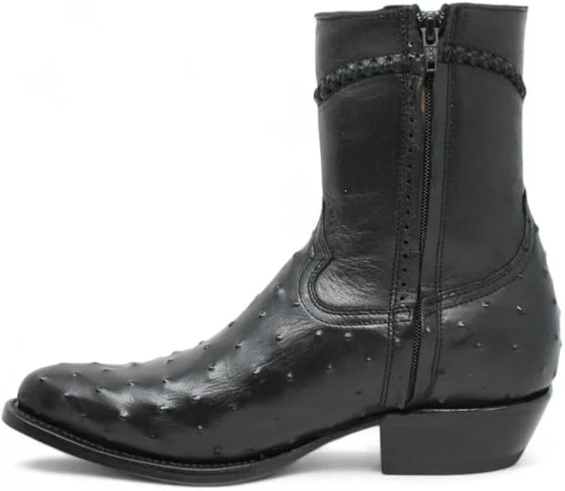 White Diamonds Men's Ostrich Print Skinny Cowboy Boots with Zipper – Black - OriginalWestern.com