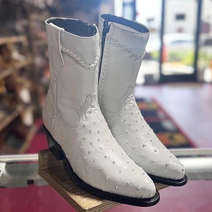 White Diamonds Men's Ostrich Print Skinny Cowboy Boots with Zipper – White - OriginalWestern.com