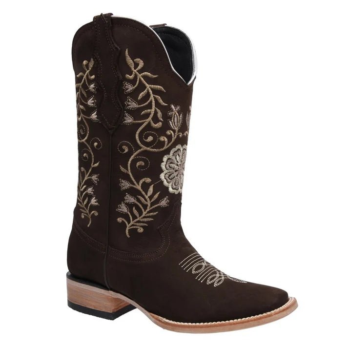 White Diamonds Women's Rose Embroidered Nubuck Square Toe Cowgirl Boots – Chocolate - OriginalWestern.com