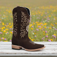White Diamonds Women's Rose Embroidered Nubuck Square Toe Cowgirl Boots – Chocolate - OriginalWestern.com