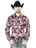 Wine And Beige Flower Print Casual Long Sleeve Shirt 43936 - OriginalWestern.com
