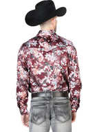 Wine And Beige Flower Print Casual Long Sleeve Shirt 43936 - OriginalWestern.com