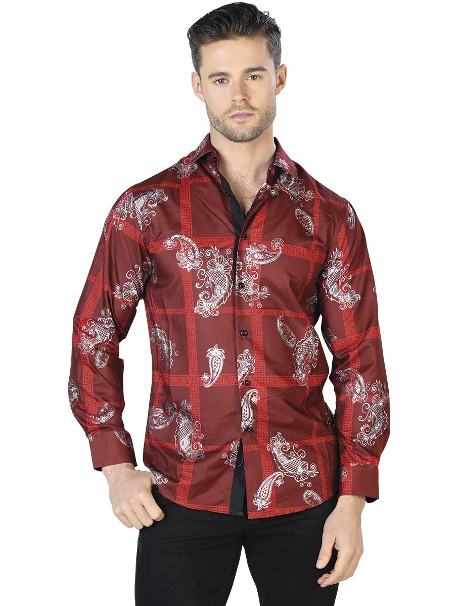 Wine And Silver Casual Long Sleeve Shirt 44027 - OriginalWestern.com