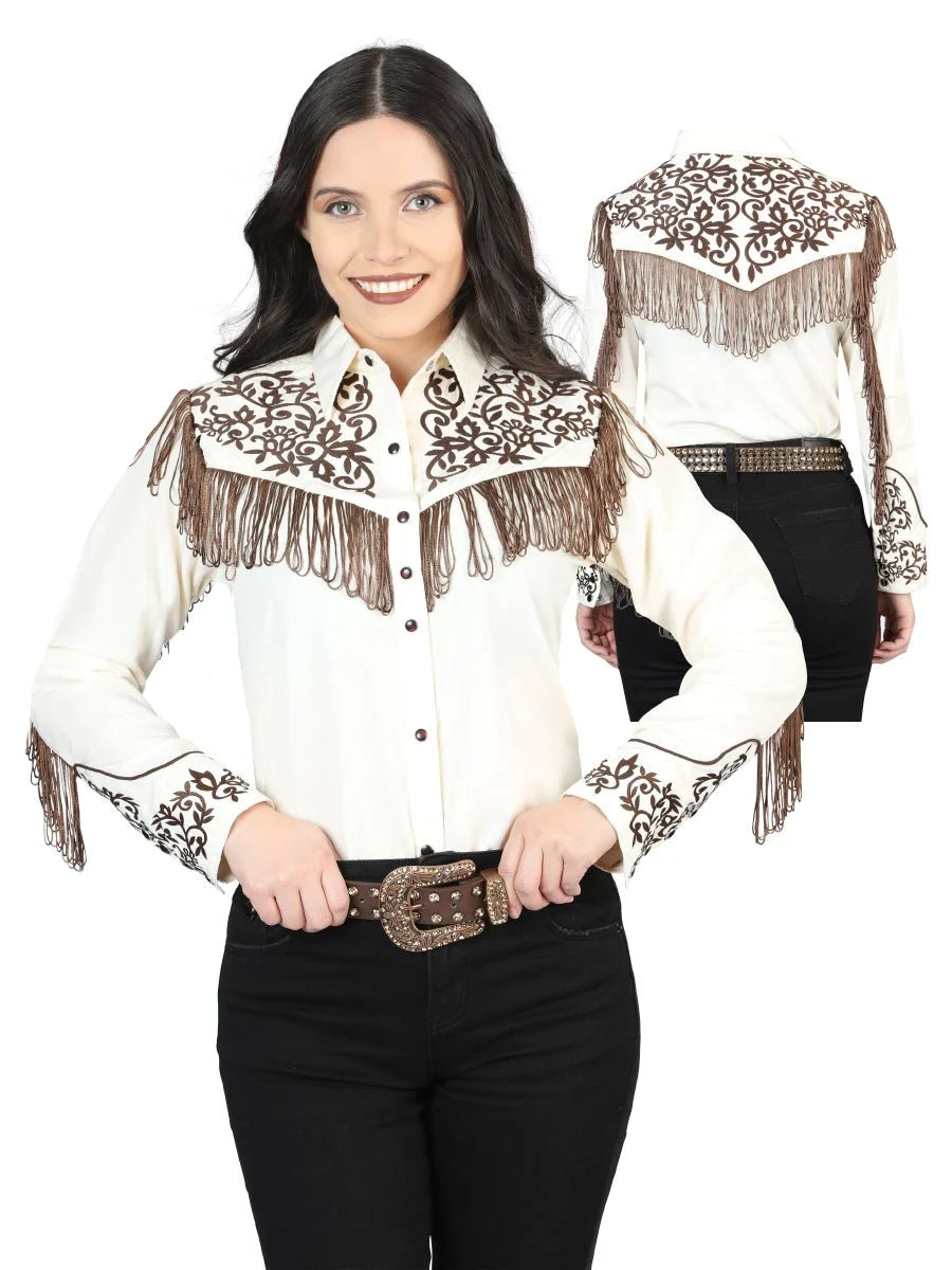 Centenario Womens Fringe Beige Embroidered Western-style Blouse 44183