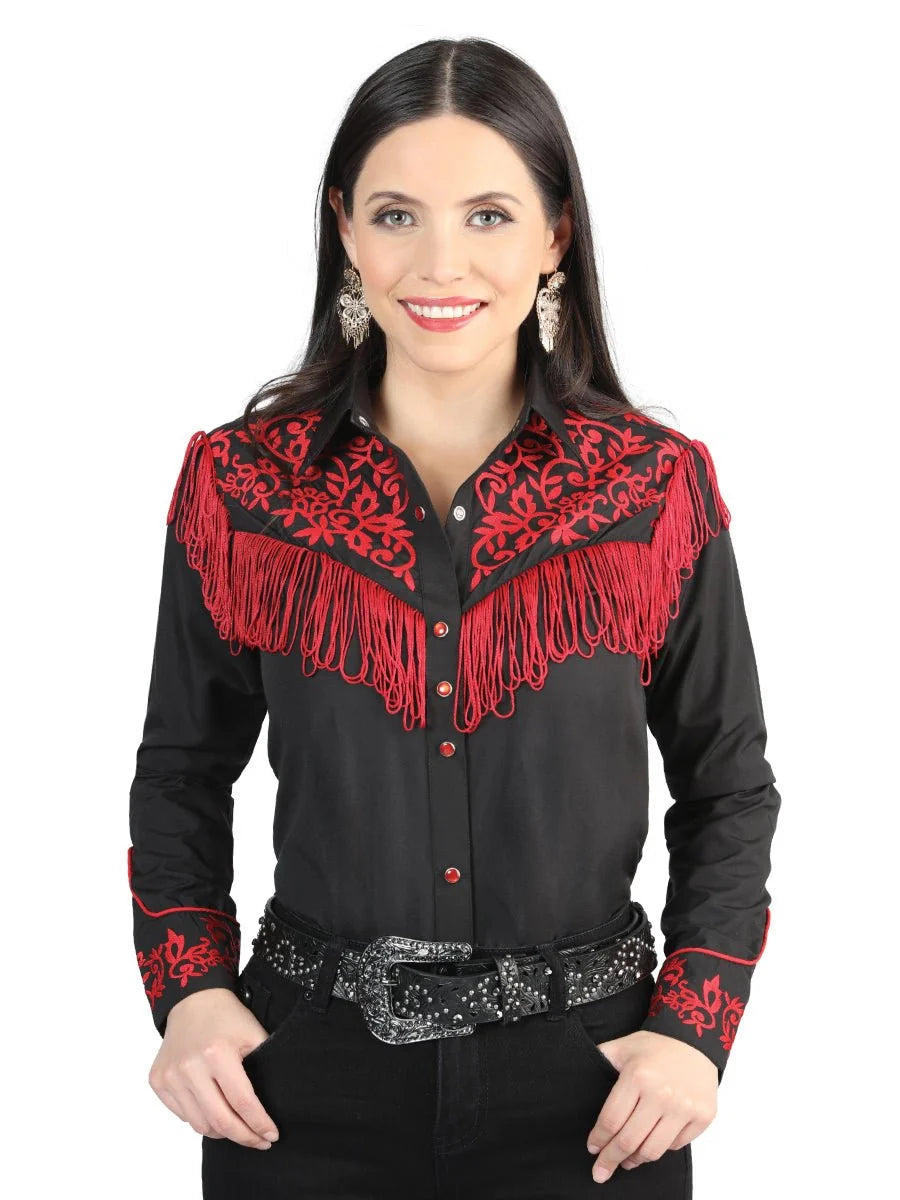 Centenario Womens Fringe Black Embroidered Western-style Blouse 44181