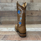 Women's Genuine Leather Cowgirl Boots Blue Flowers Est.251 Crazy Tang - OriginalWestern.com