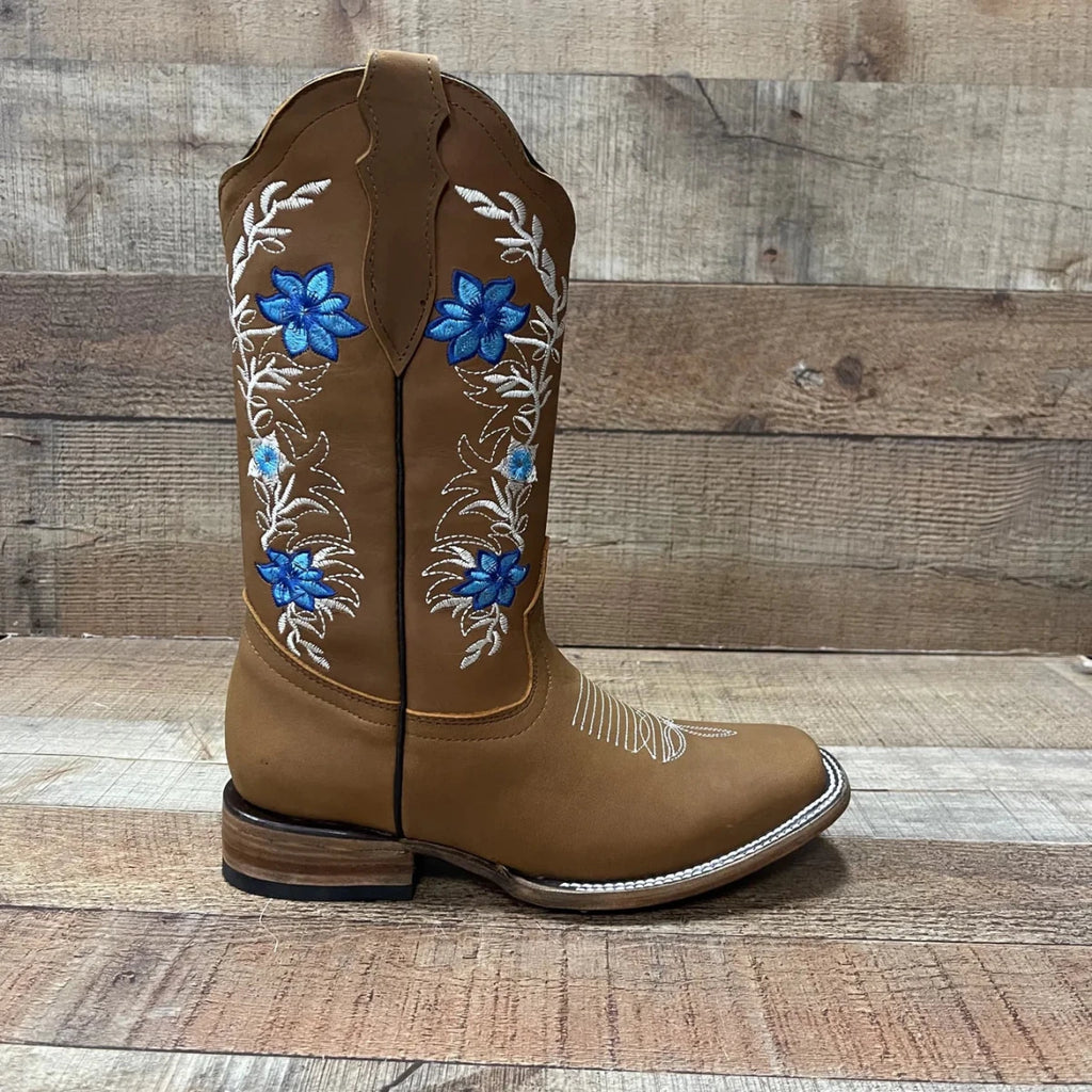 Women's Genuine Leather Cowgirl Boots Blue Flowers Est.251 Crazy Tang - OriginalWestern.com