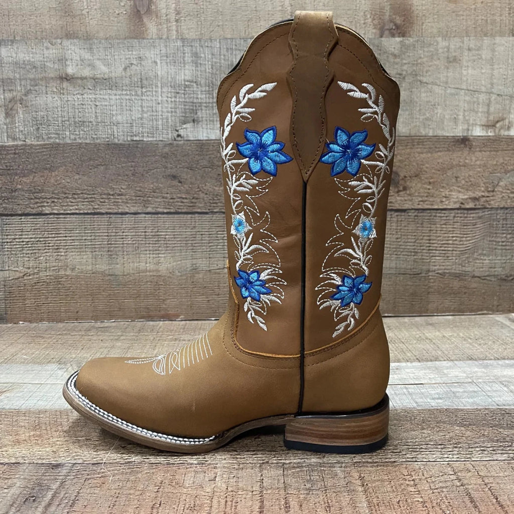 Women's Genuine Leather Cowgirl Boots Blue Flowers Est.251 Crazy Tang - OriginalWestern.com